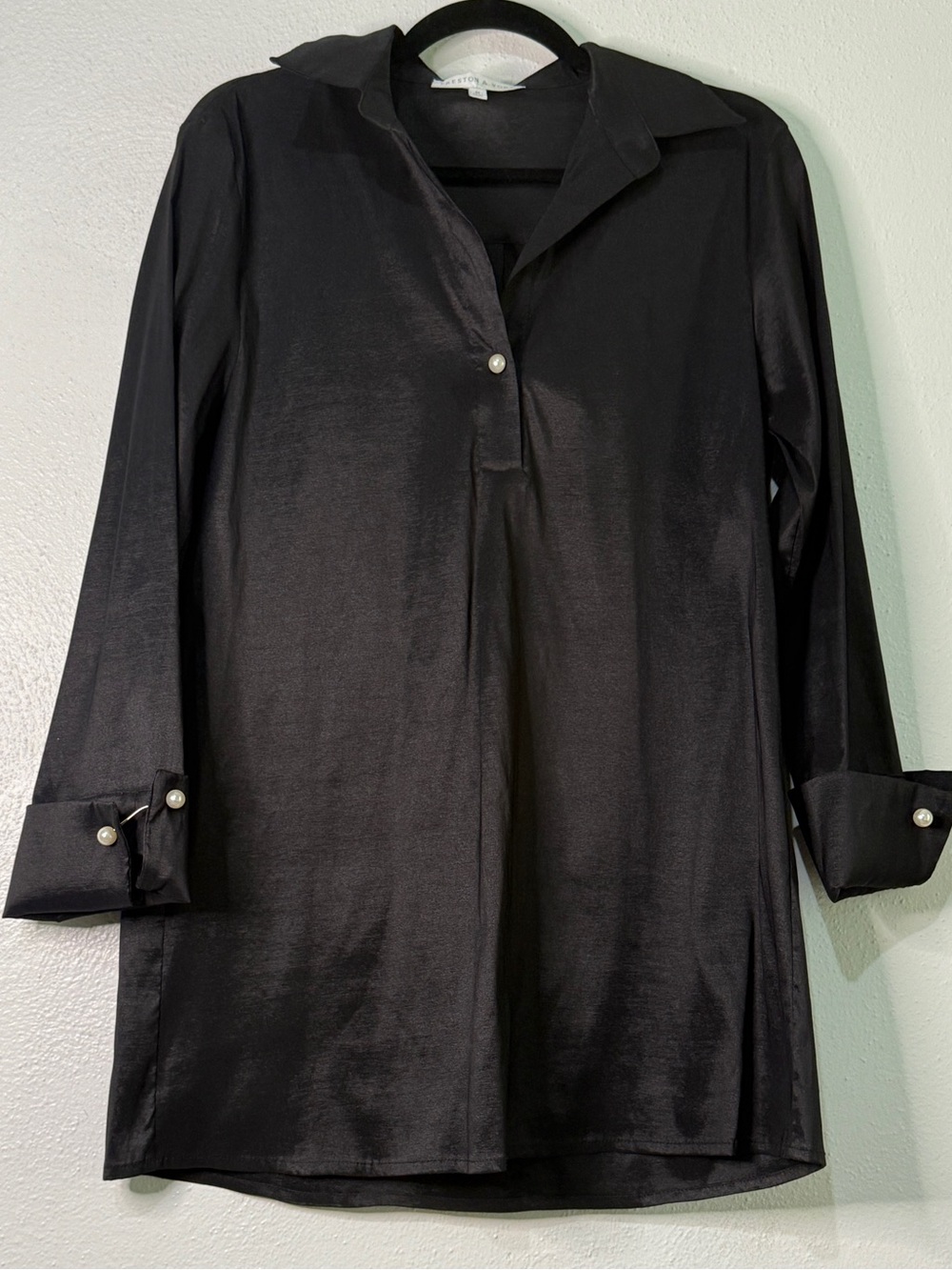 Preston & York Black Button-Accent Mini Dress with satin-like sheen. Sz M. - Picture 1 of 9